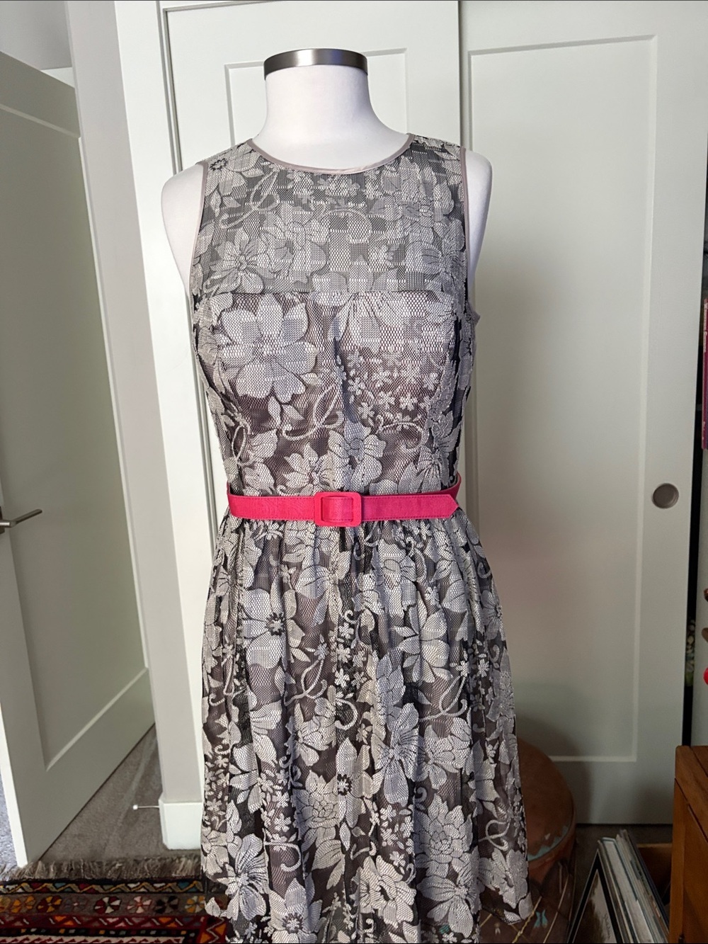Eliza J Gray Floral Lace Midi Dress with Pink Belt